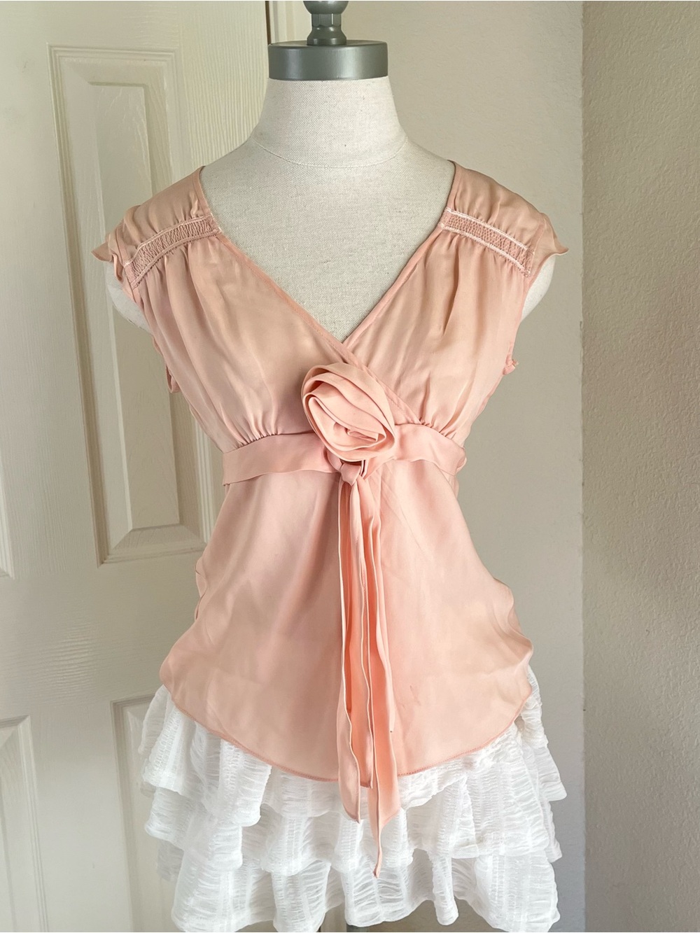 INC Silk Pale Pink V-Neck Rosette Tie Blouse